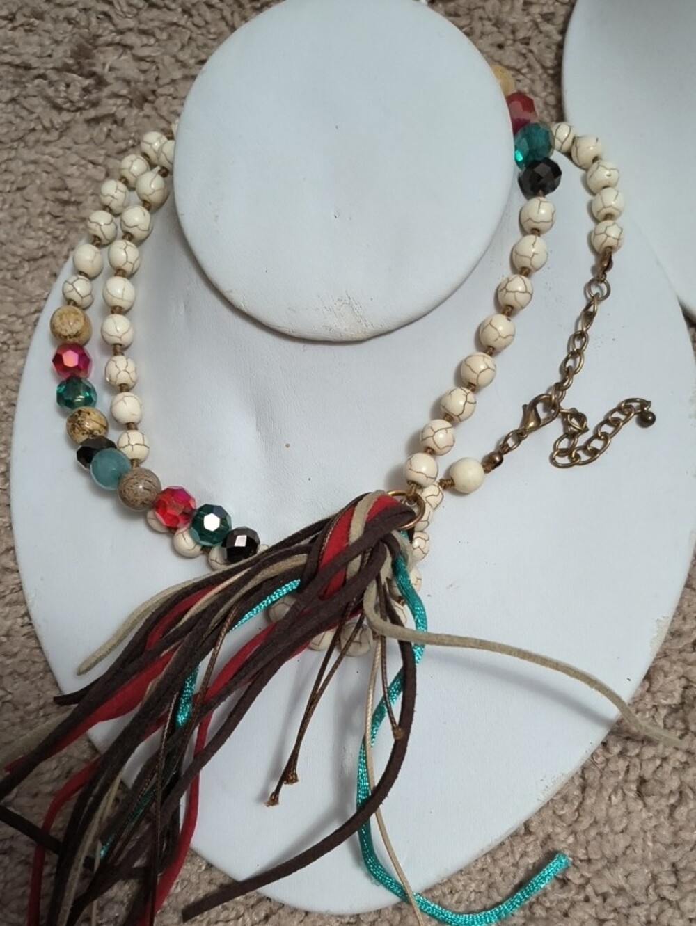 Boho Tassel Beaded Necklace in Cream with Multicolor Accents